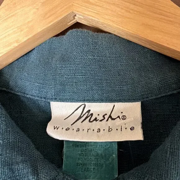 Vintage Mishi Deep Teal Long Sleeve Button Up Long Linen Top #1223 Size LARGE - Picture 4 of 4